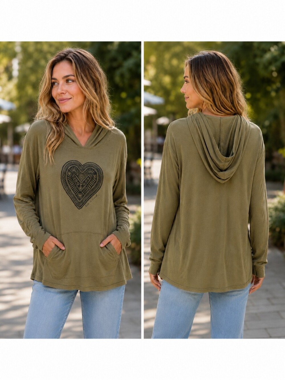 Life Is Good Women’s XL Olive Green Heart Graphic Lightweight Hoodie Tunic Top